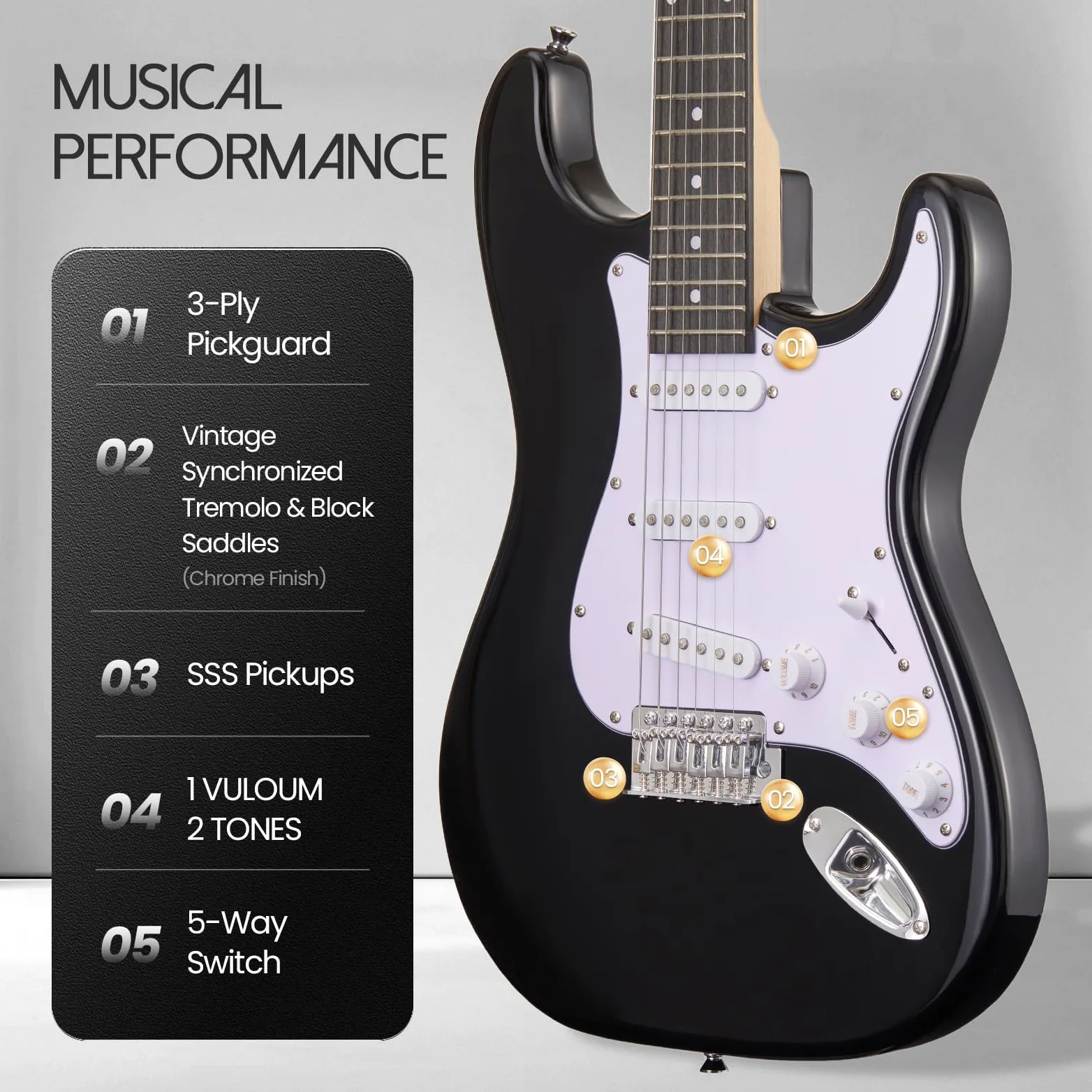 Zestaw startowy do gitary elektrycznej 89 cm serii ST - kompletny zestaw startowy z gitarą elektryczną, wzmacniaczem, paskiem, kostką, tunerem, strunami, kablem i torbą na gitarę - odpowiedni