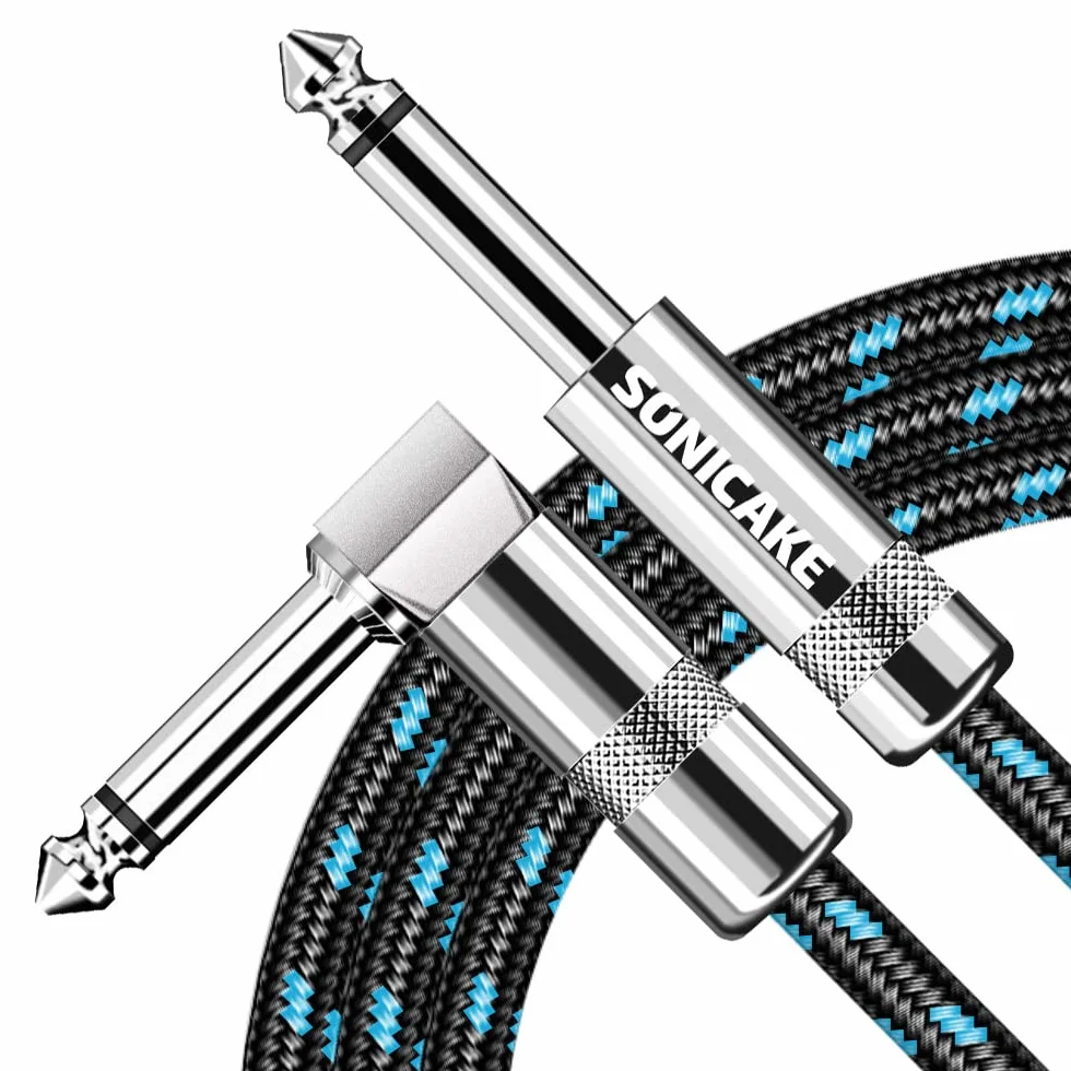 SONICAKE Pleciony kabel do gitary 3 m, kabel do instrumentów gitarowych, 6,35 mm, 1/4 cala, kąt prosty, czarny, niebieski