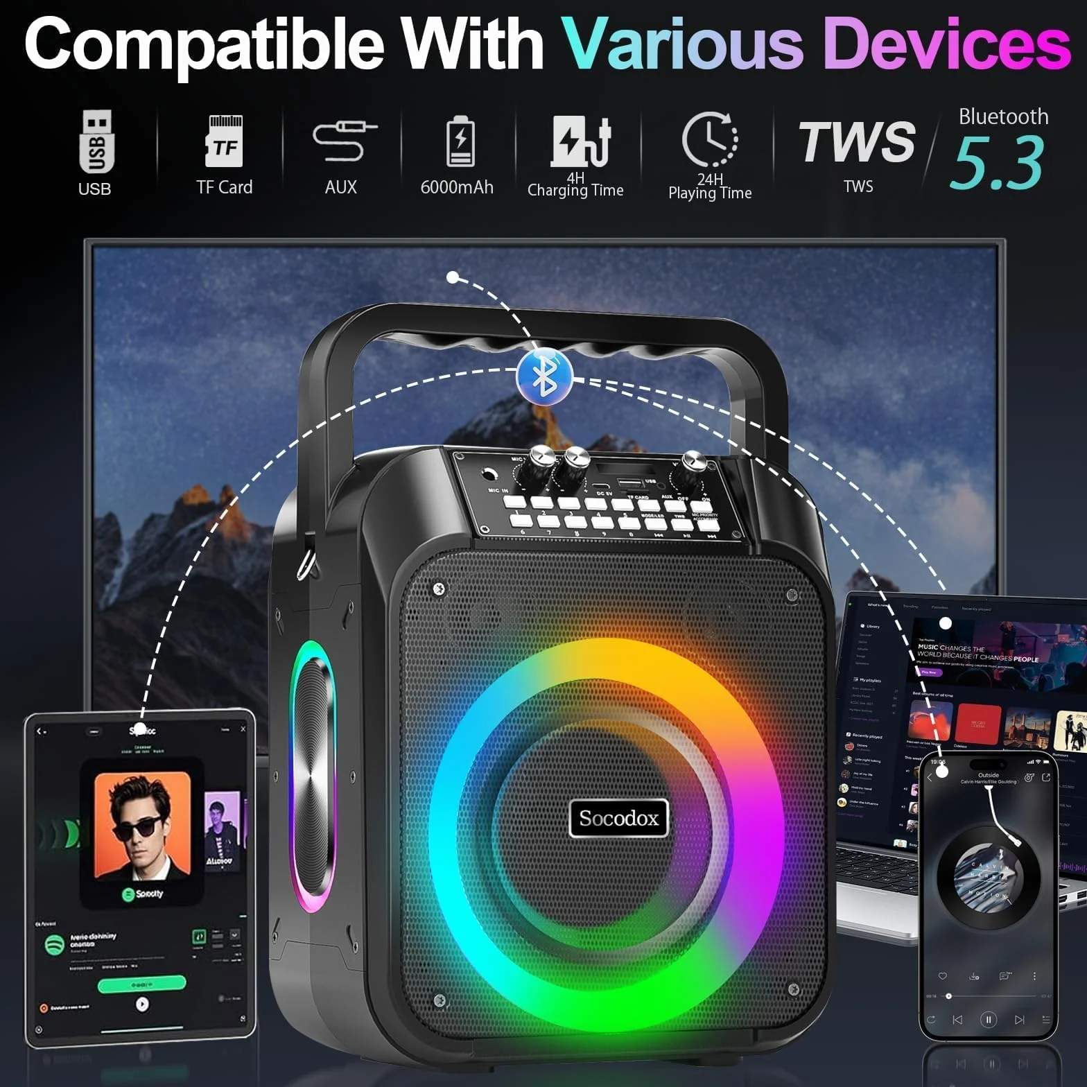 Maszyna do karaoke, przenośny głośnik karaoke Bluetooth z 2 mikrofonami bezprzewodowymi, bateria 6000 mAh, czas odtwarzania 12 godzin, TWS stereo, światło RGB, system PA z podwójną membraną