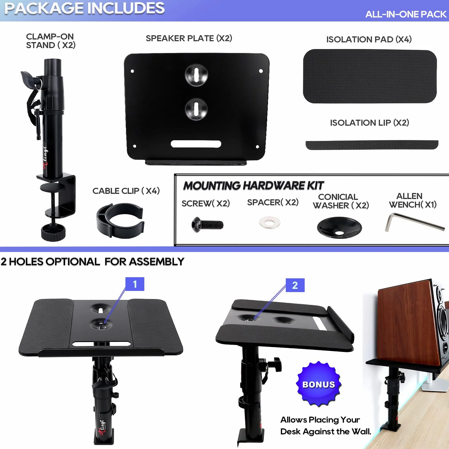 Deluxe stojak na monitor studyjny, stojak na głośniki biurkowe (2-pak) - wytrzymała metalowa taca 30 x 23 cm, kąt nachylenia od -10° do +10°, idealny do monitorów studyjnych, głośników