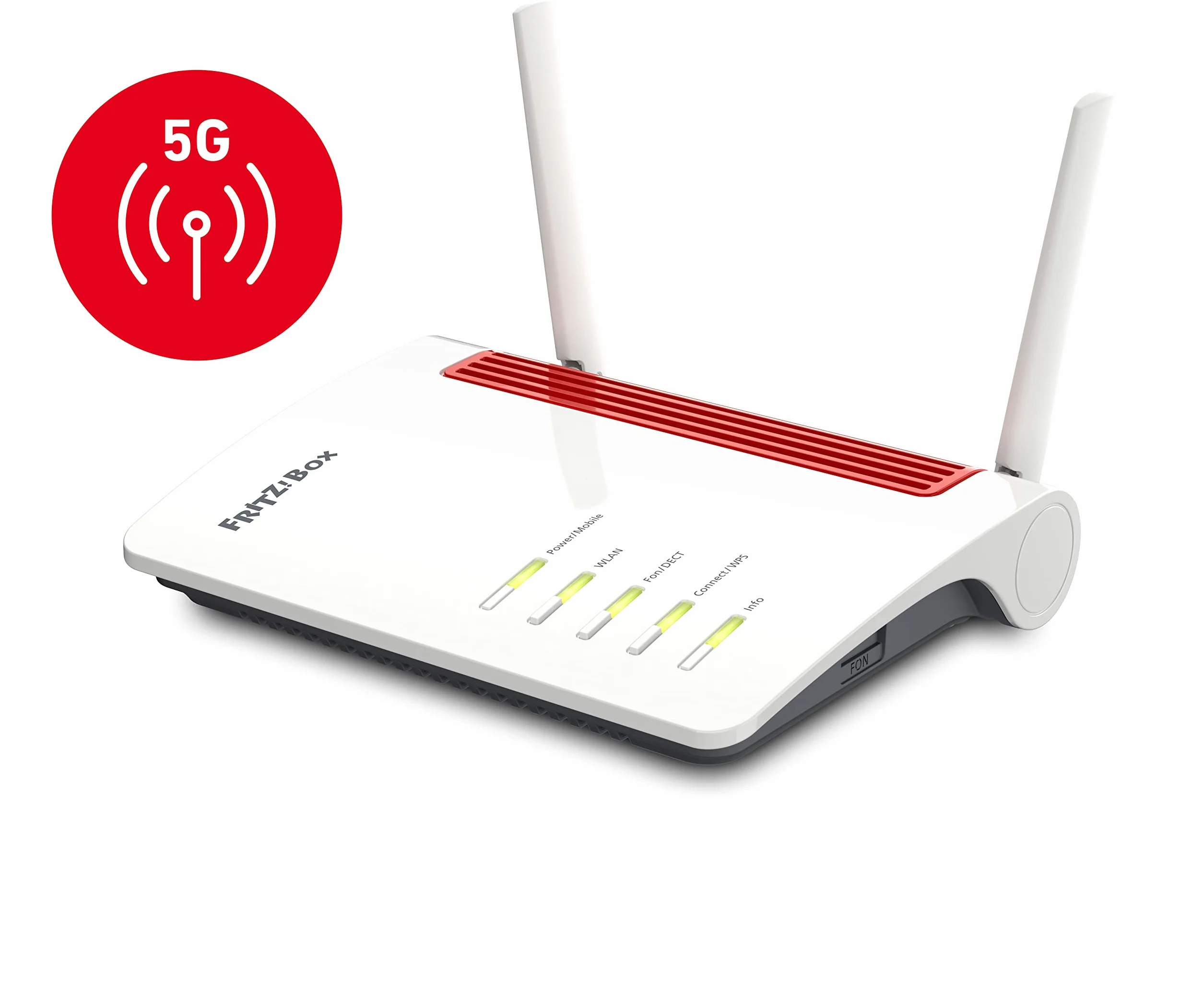 AVM FRITZ!Box 6850 5G międzynarodowy (internet komórkowy o prędkości do 1300 Mbit/s, Wi-Fi AC + N do 866 Mbit/s (5 GHz) oraz 400 Mbit/s (2,4 GHz), 4x Gigabit LAN, stacja bazowa DECT, USB 3.0)