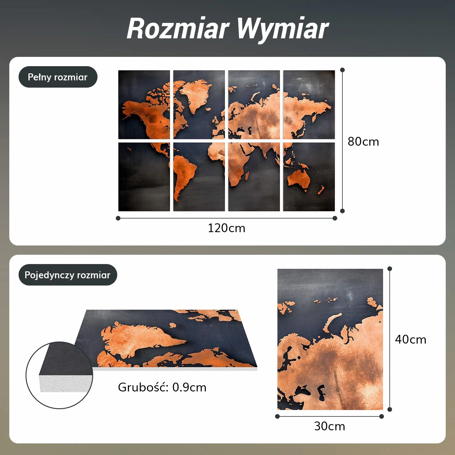 TONOR 8-pakowy artystyczny panel akustyczny, samoprzylepne panele ścienne, panele dźwiękochłonne 40 * 30 * 0.9cm, dekoracyjne panele dźwiękochłonne, obróbka akustyczna do studia, Mapa świata