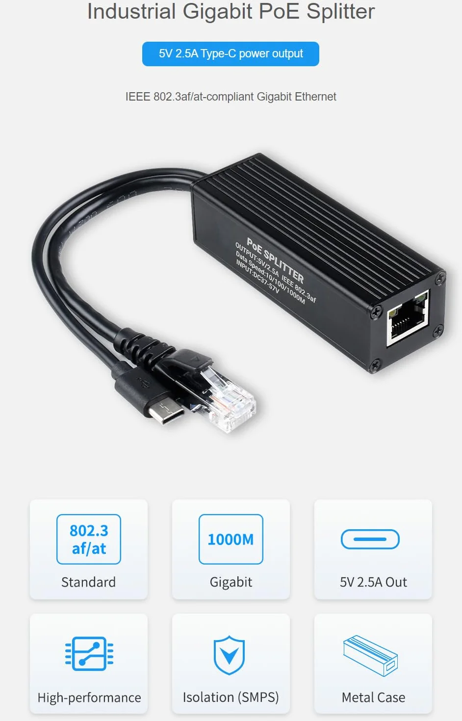 Waveshare Industrial Gigabit PoE Splitter with Metal Case protection,5V 2.5A Type-C Out