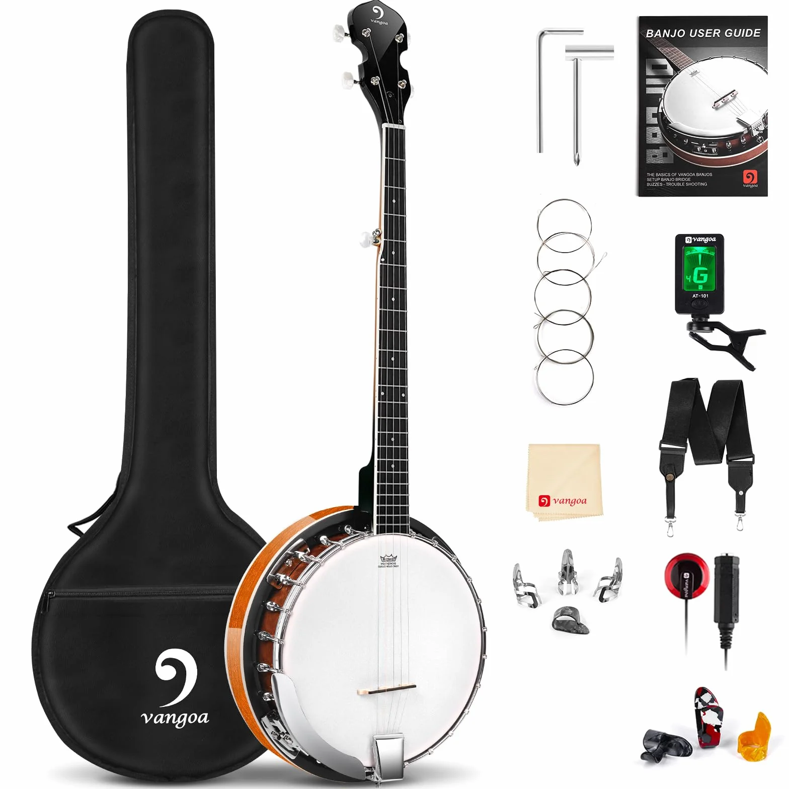 Vangoa 5 Saiten Banjo Remo Kopf geschlossen Solid Back Banjos mit Anfänger Kit, Stimmgerät, Strap, Pick-up, Saiten, Picks und Tasche