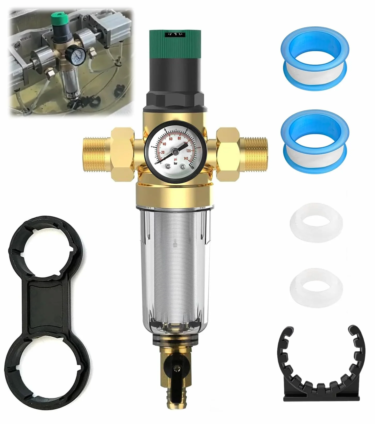 6 sztuk filtrów do płukania zwrotnego z reduktorem ciśnienia i manometrem, filtr wody, przyłącze domowe 3/4 cala, DN 20, filtr wstępny, filtr osadowy, regulator ciśnienia wielokrotnego użytku