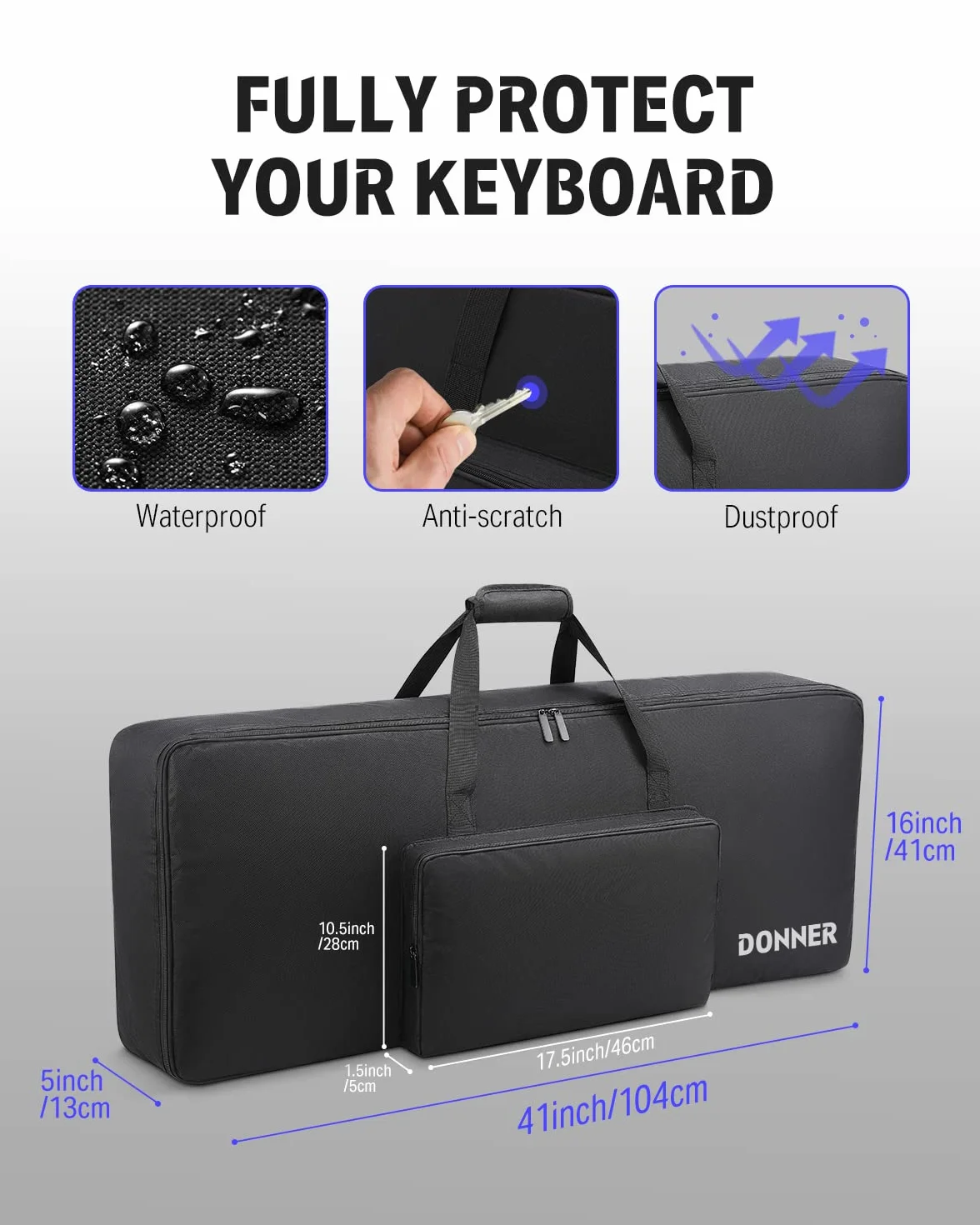 Donner Gig Bag z 61 klawiszami, solidna, 104 x 41 x 13 cm, 10 mm wyściełana obudowa fortepianu elektrycznego z uchwytem, nylon Oxford 600D, czarny