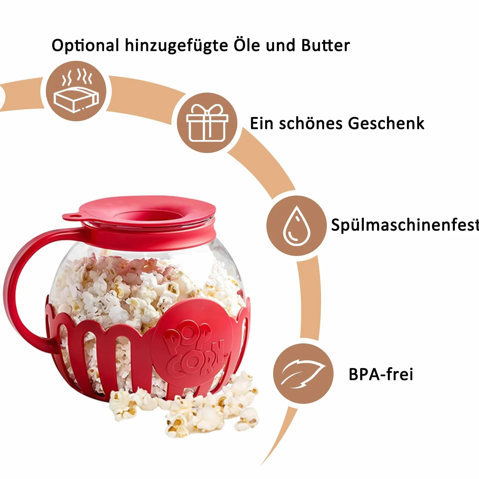 Kuchenka mikrofalowa, słoik na popcorn z pokrywką, 2,13 l, nadaje się do zmywarki, na spotkania, imprezy, piknik, czerwony