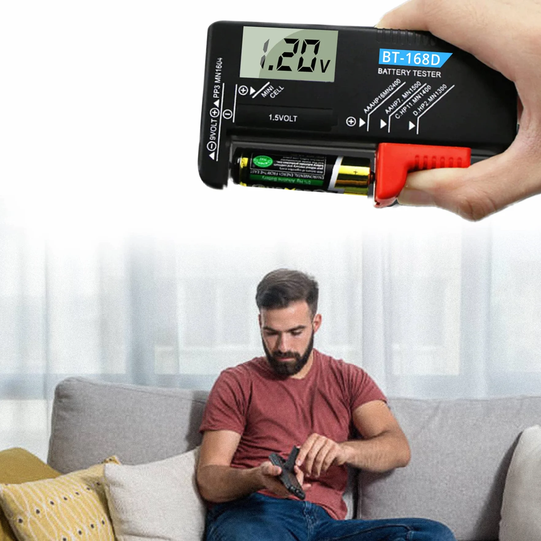 Retoo Cyfrowy tester baterii AAA, AA, CR, przycisk 1,5 V, 3,7 V, 9 V, wskaźnik naładowania/woltu, sprawdzania i miernika