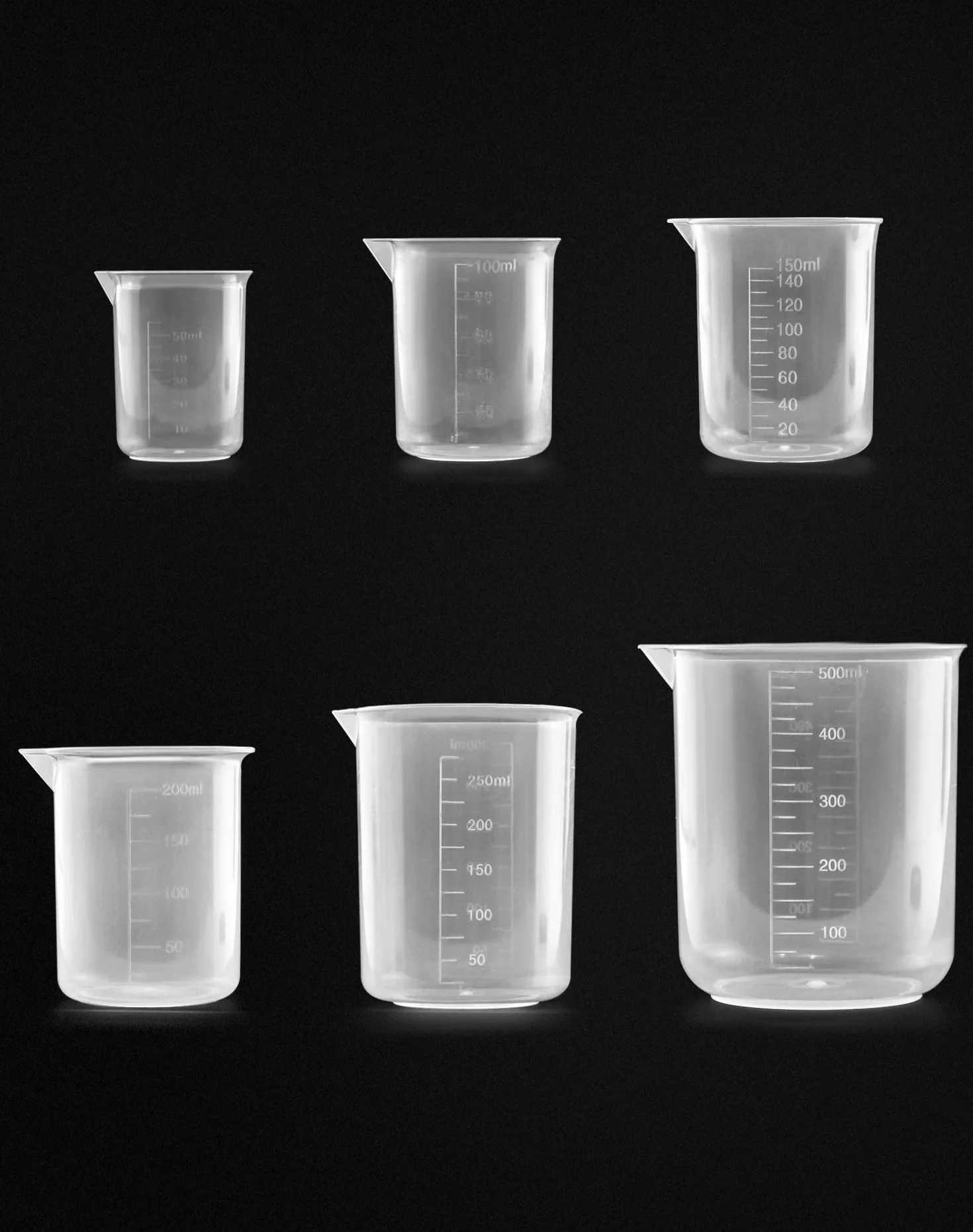 Zestaw miarek QWORK, 6 szt. przezroczystych plastikowych miarek 50ml 100ml 150ml 200ml 250ml 500ml do kuchni laboratoryjnej