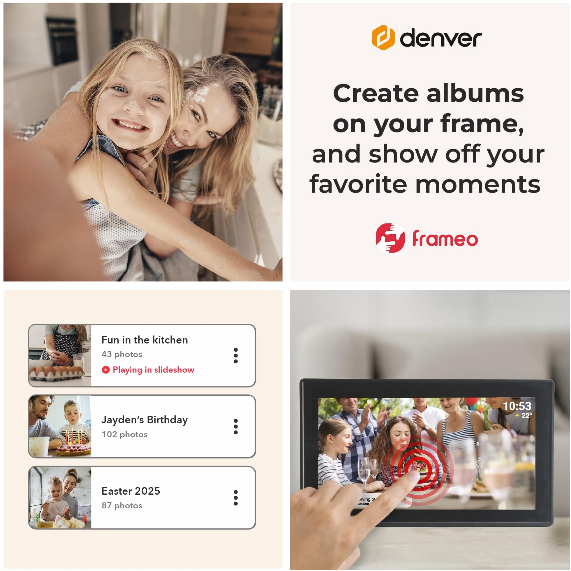 Denver PFF-1515B cyfrowa ramka na zdjęcia Wi-Fi – ekran dotykowy Full HD IPS 15,6", zintegrowane oprogramowanie FRAMEO, bezprzewodowe udostępnianie, automatyczne wyłączanie nocne, pamięć 16 GB, czarna