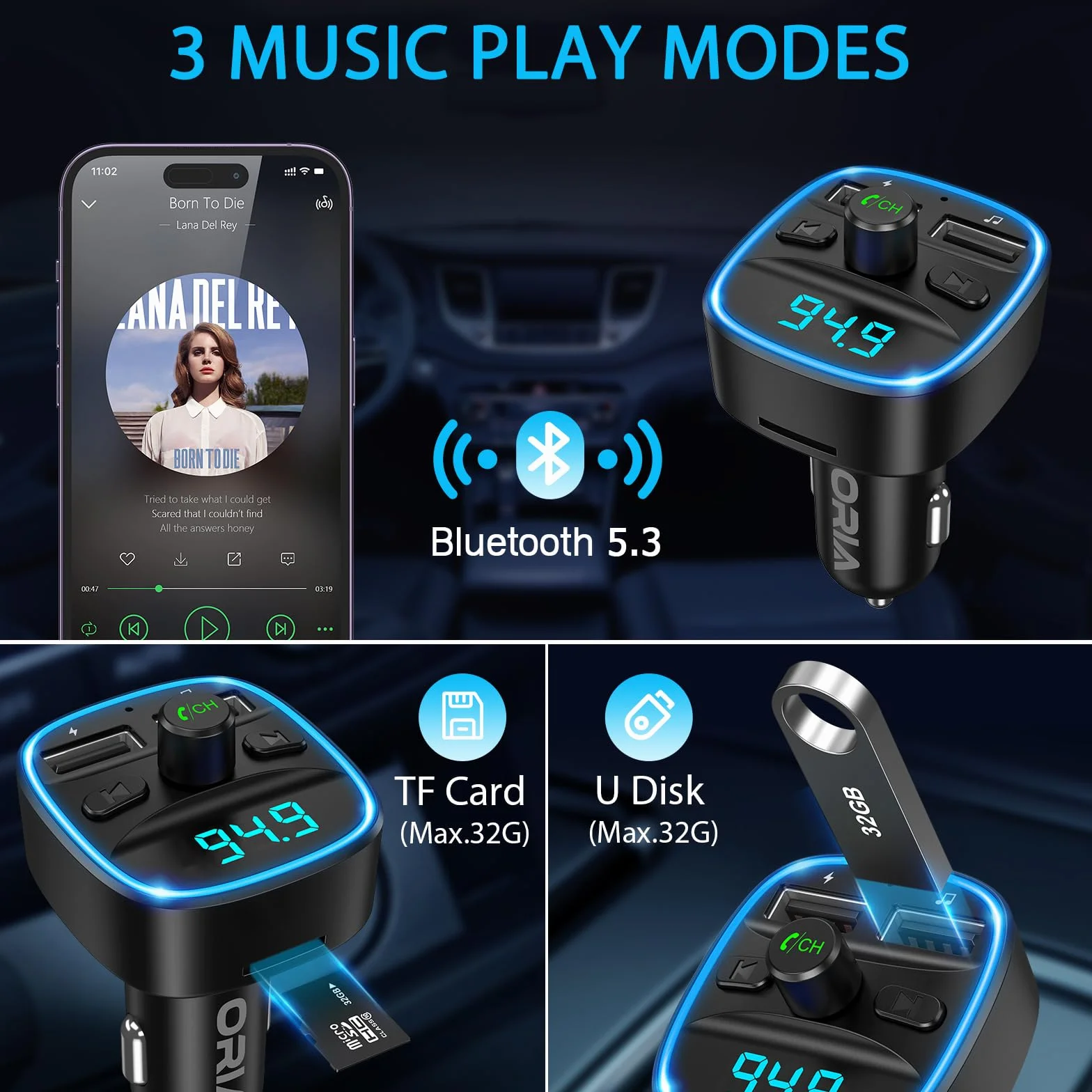 ORIA Samochodowy adapter Bluetooth, nadajnik FM Bluetooth 5.3 do radia samochodowego z podwójną ładowarką USB, połączenia bez użycia rąk, obsługa odtwarzacza muzycznego karty TF i dysku USB (w