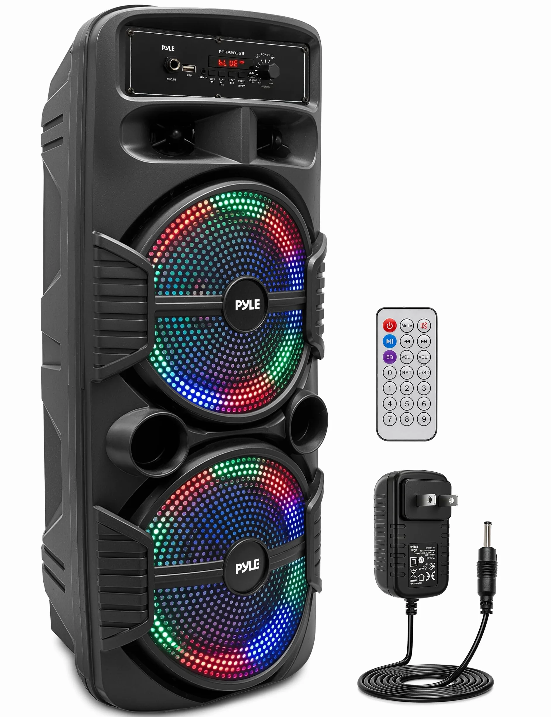 Przenośny system głośników Bluetooth PA - 600 W Rechargeable Outdoor Bluetooth Speaker Portable PA System w/Dual 8" Subwoofer 1" Głośnik wysokotonowy, Microphone In, Party Lights, USB, Radio, Remote -