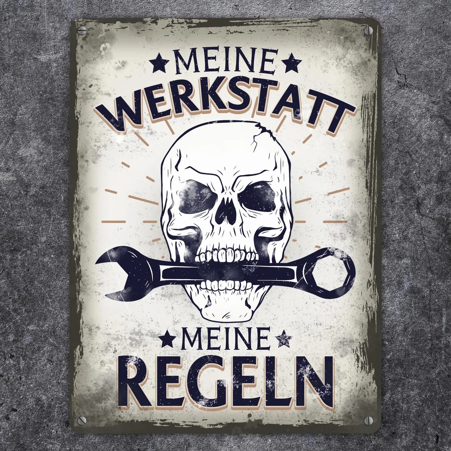 Meine Werkstatt meine Regeln mit trupia Czaszka Metalowa tabliczka XXL 28 x 38 cm jako prezent dla wszystkich hobbystów i majsterkowiczów jako tabliczka na drzwi do warsztatu, aby podkreślić miłość do