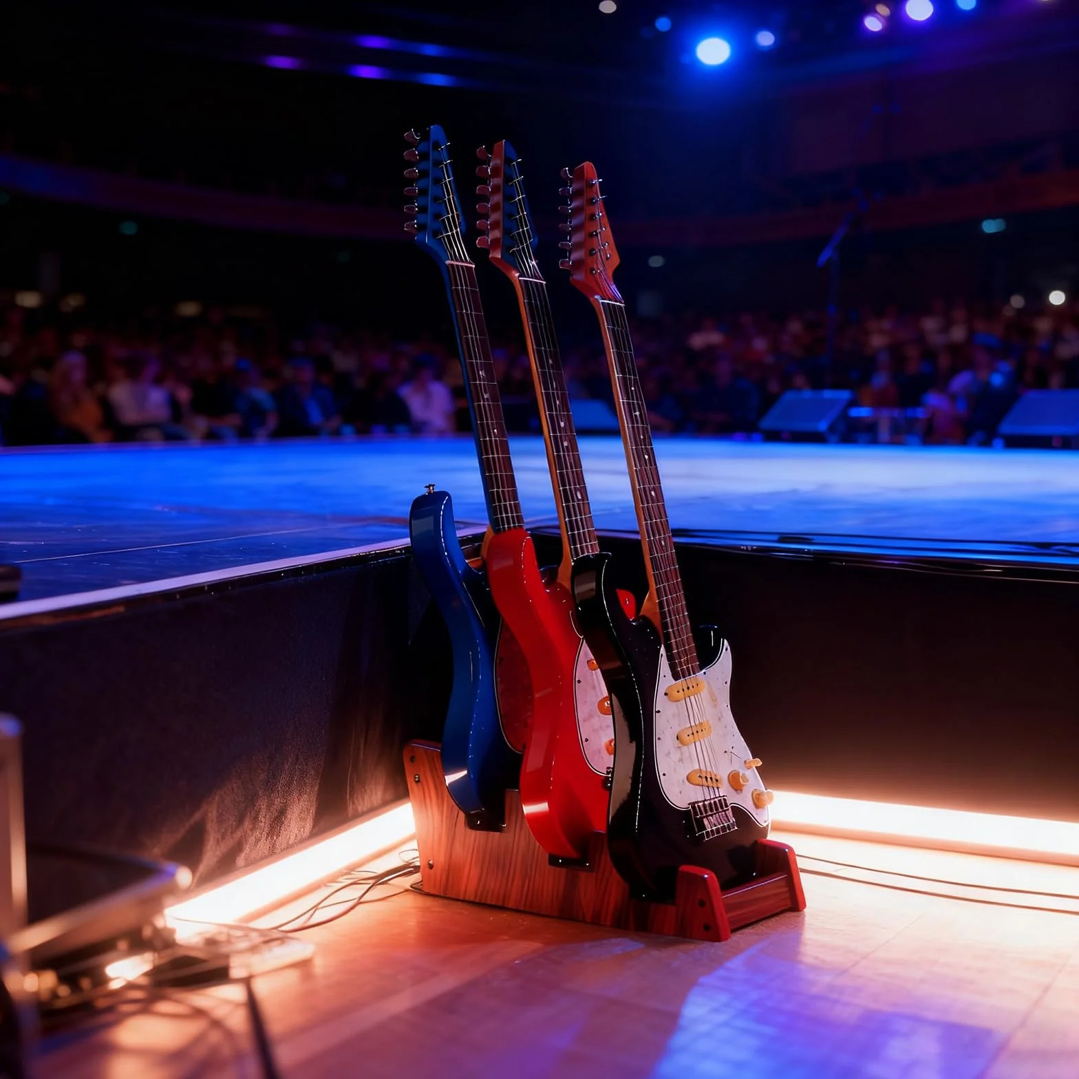 DIDA Drewniany stojak podłogowy na wiele gitar elektrycznych, 3 uchwyty, oszczędzający miejsce stojak na gitarę podłogową do domu, studia, sceny, wielu gitar elektrycznych, ekspozycji gitary basowej