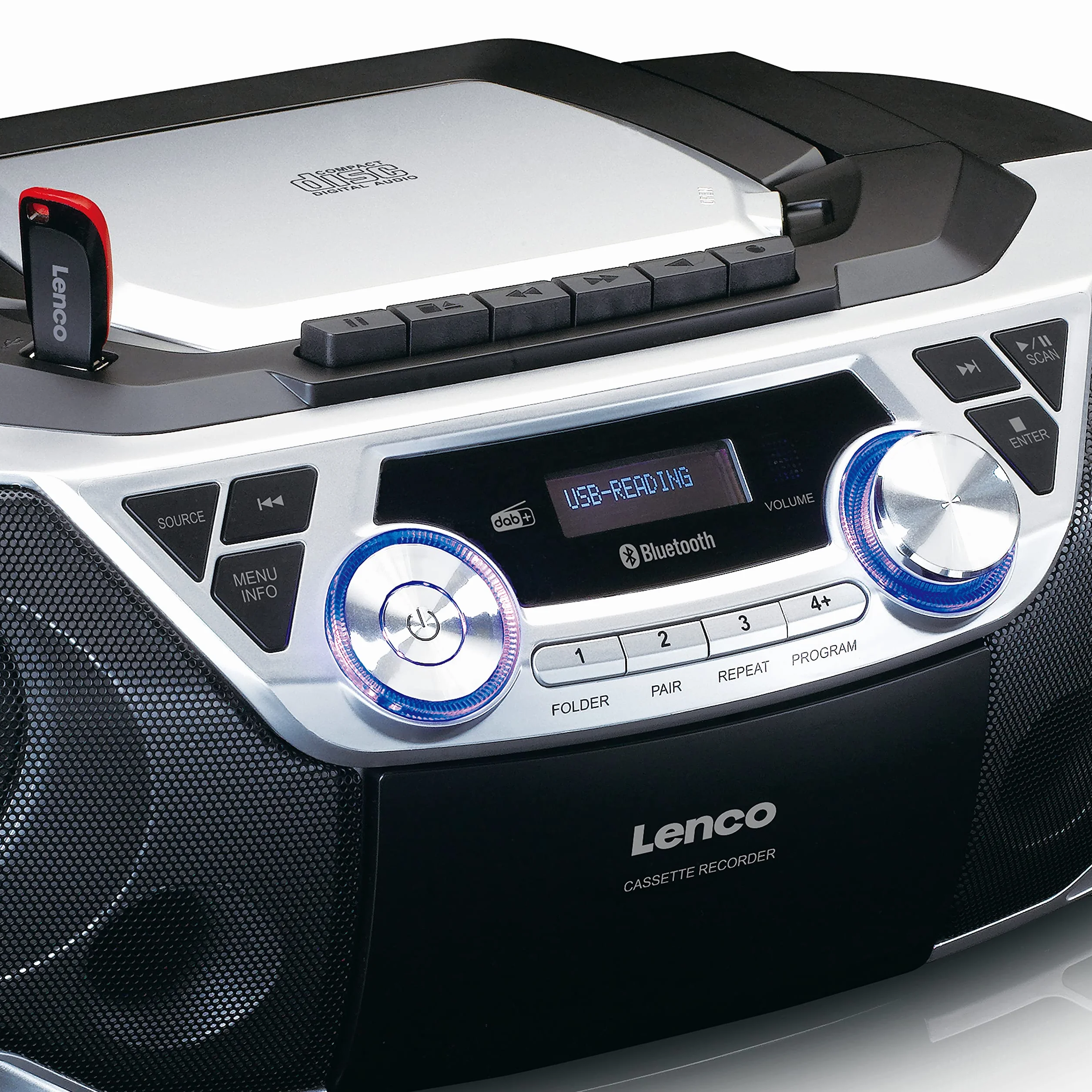 Lenco SCD-720 - Boombox DAB+ - Bluetooth 5.0 - odtwarzacz CD/MP3 od góry - magnetofon - radio FM - złącze USB - 2 x 6 W RMS - Bass Reflex - pilot zdalnego sterowania - srebrny
