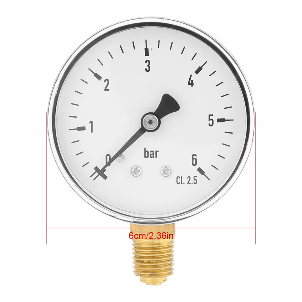 1/4" NPT ekonomiczny uniwersalny manometr, 0-6 barów, hydrauliczny miernik ciśnienia powietrza z 6 cm płytką tarczową, manometr z bocznym mocowaniem