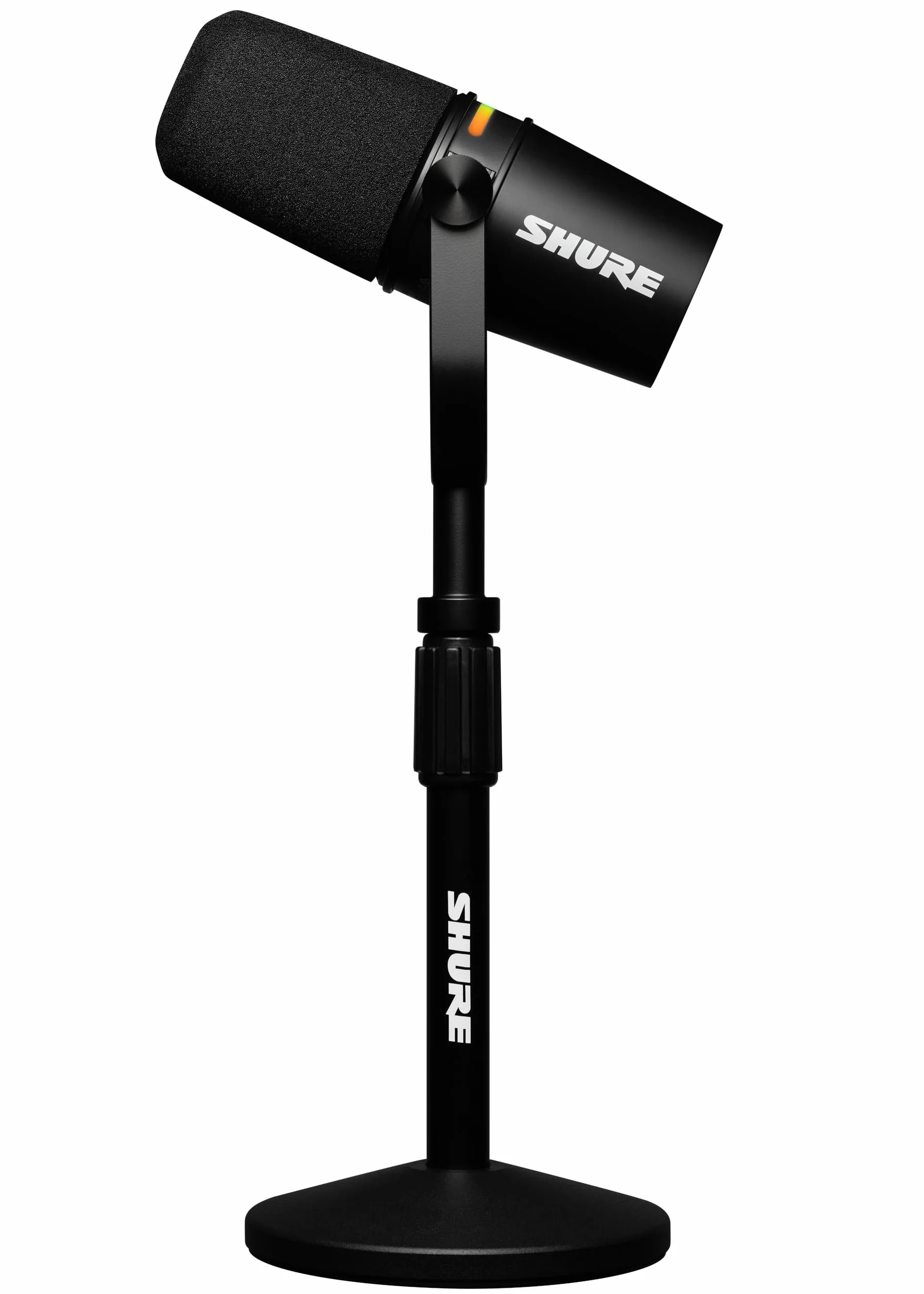 Shure Mikrofon do podcastów MV7+ z podstawką, Ulepszona jakość dźwięku, panel dotykowy LED, wyjścia USB-C i XLR, automatyczny tryb poziomowania, cyfrowy filtr pop, efekty pogłosu, podcasting - Czarny