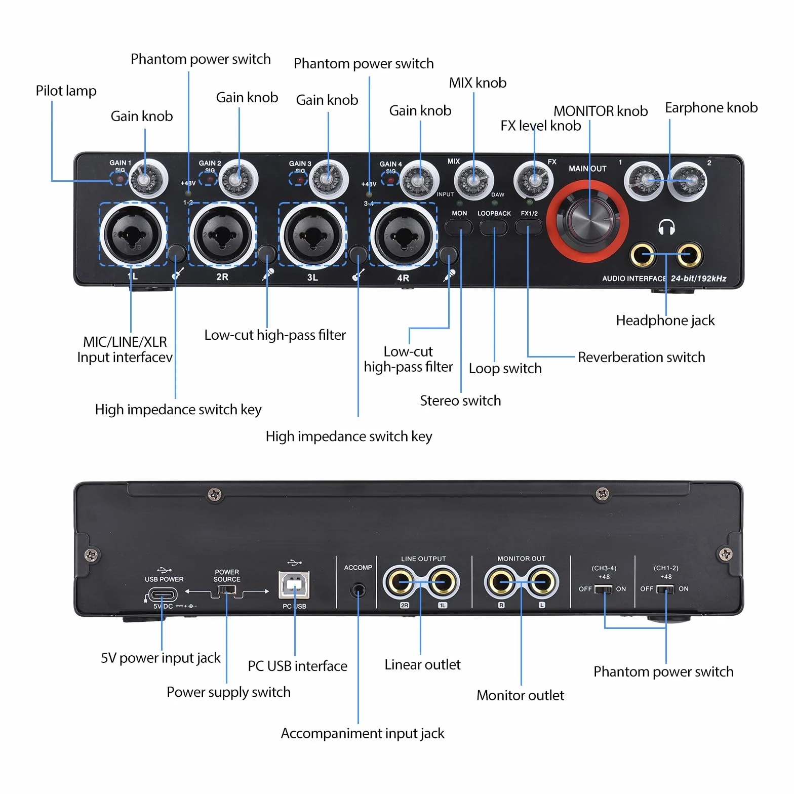 4-kanałowy interfejs audio komputera z kartą dźwiękową, 4-calowy 4-wyjściowy do profesjonalnego nagrywania transmisji na żywo karaoke, interfejs audio USB bez sterowników