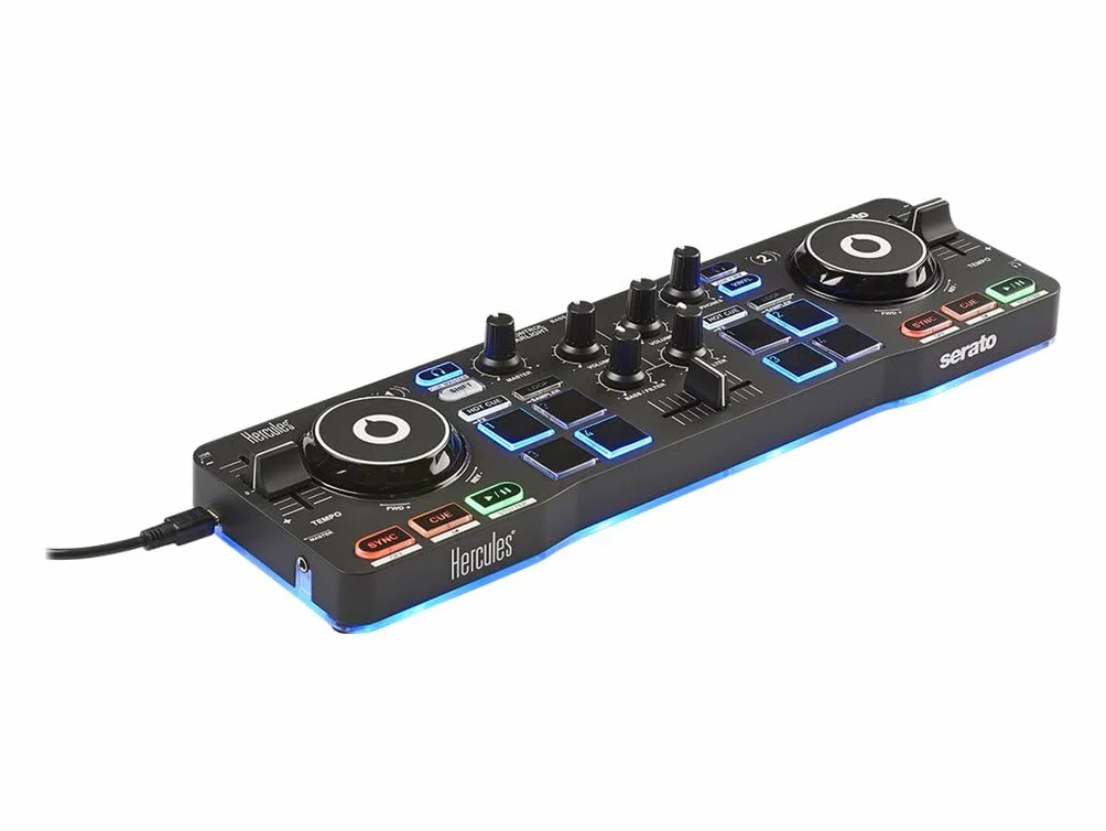 Hercules DJControl Starlight – Przenośny 2-kanałowy kontroler DJ z USB i 8 padami, z oprogramowaniem Serato DJ Lite, kompatybilny z PC i Mac