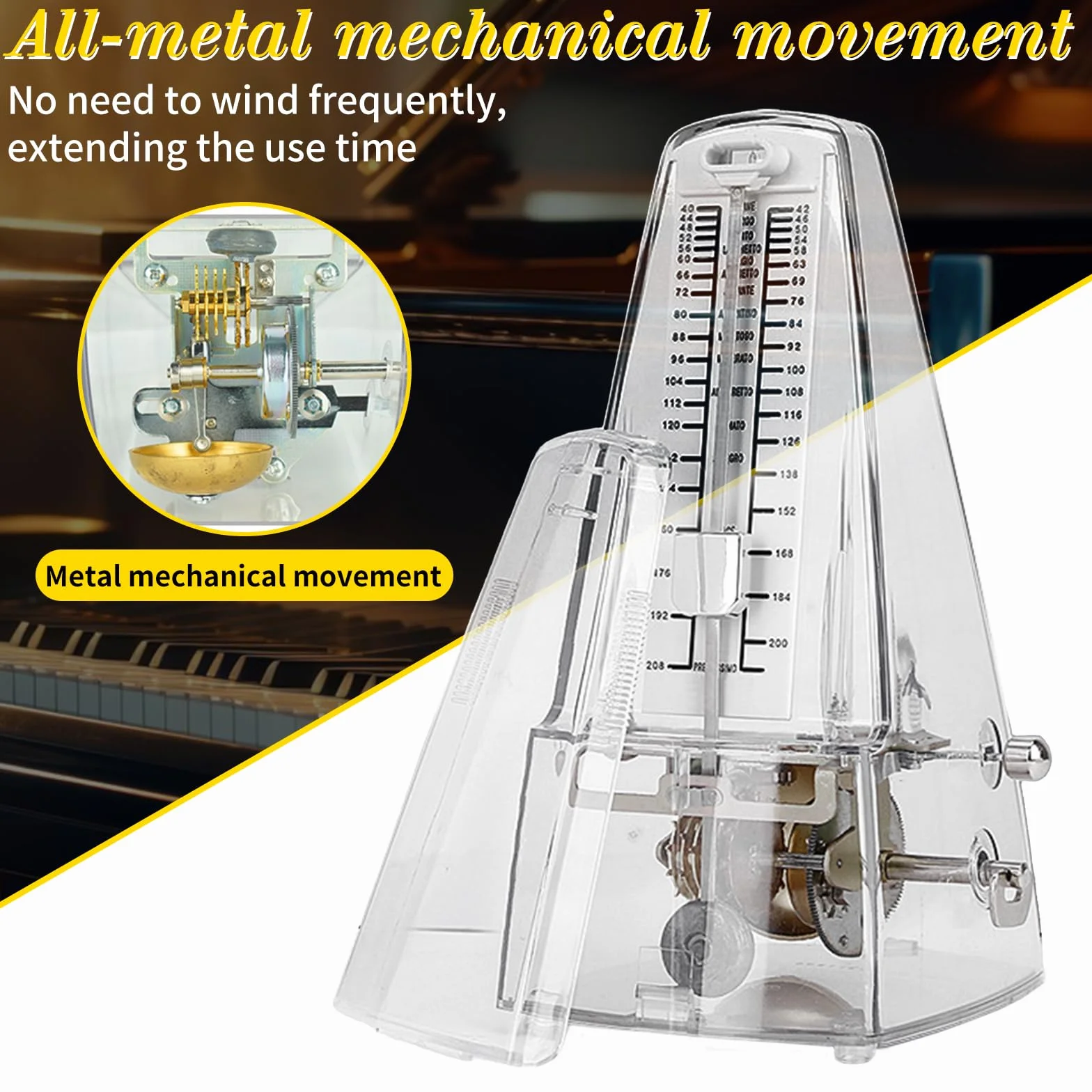 Metronom mechaniczny, uniwersalny metronom o wysokiej precyzji, przezroczysty, wysoce precyzyjny metronom, mechaniczny, głośny dźwięk, track beat i tempo, do fortepianu, ukulele, skrzypiec i