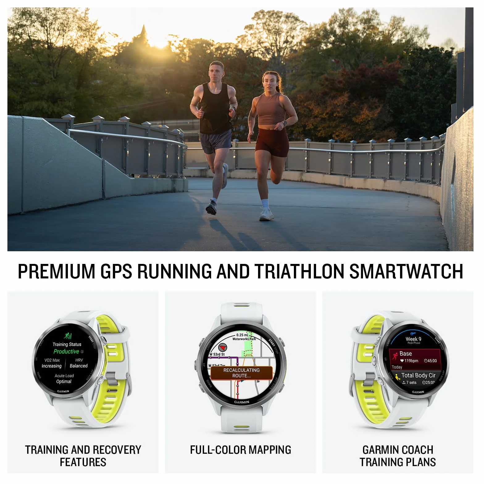 Garmin® Forerunner® 970, Premium GPS Running and Triathlon Smartwatch, AMOLED Display, Built-in LED Flashlight, Titanium with Whitestone Case and Whitestone/Translucent Amp Yellow Band