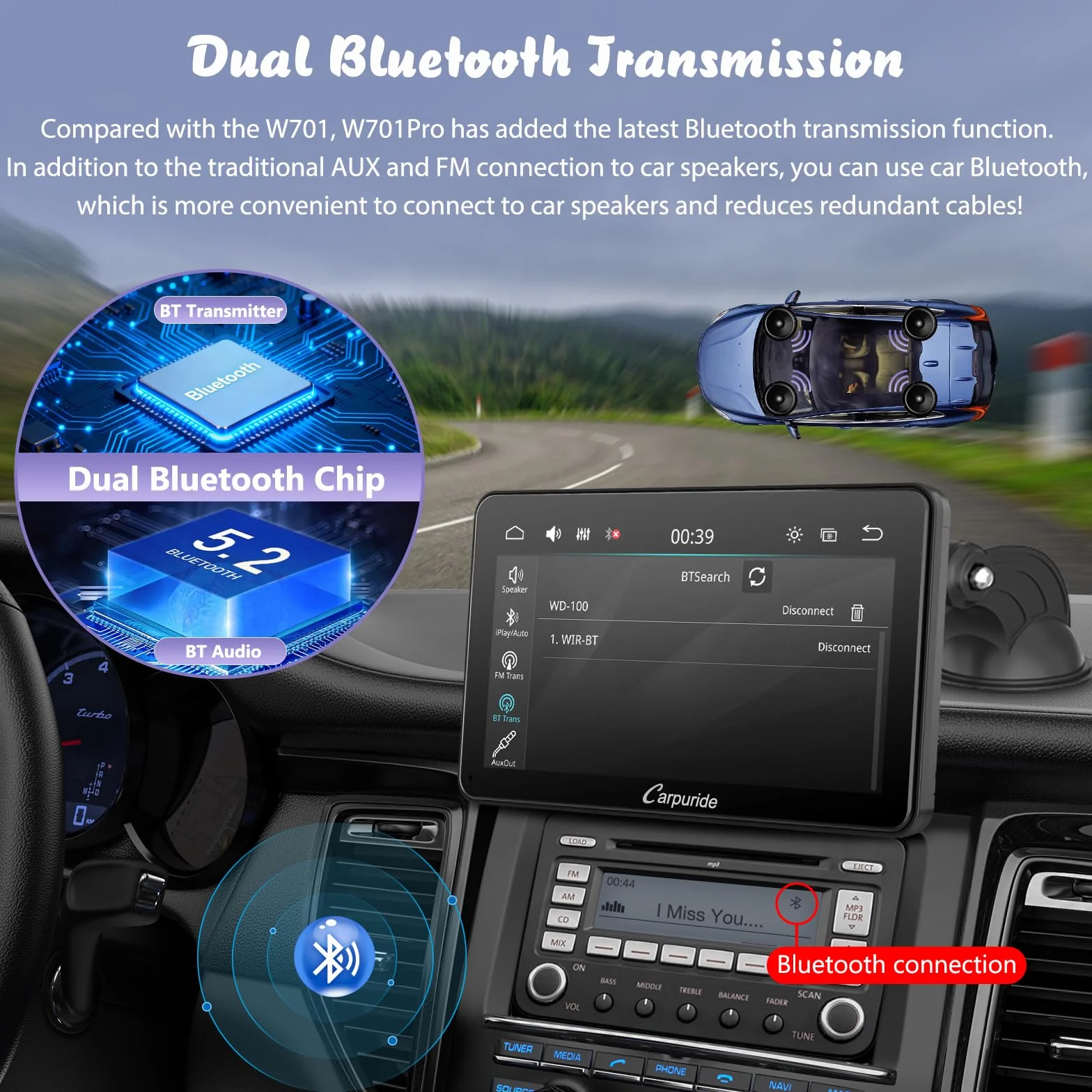 Carpuride W701 Pro z bezprzewodową transmisją Bluetooth, przenośne radio samochodowe z CarPlay i Android Auto, 7-calowy ekran dotykowy 1080p, MirrorLink/GPS/Siri/FM, w zestawie 3 uchwyty