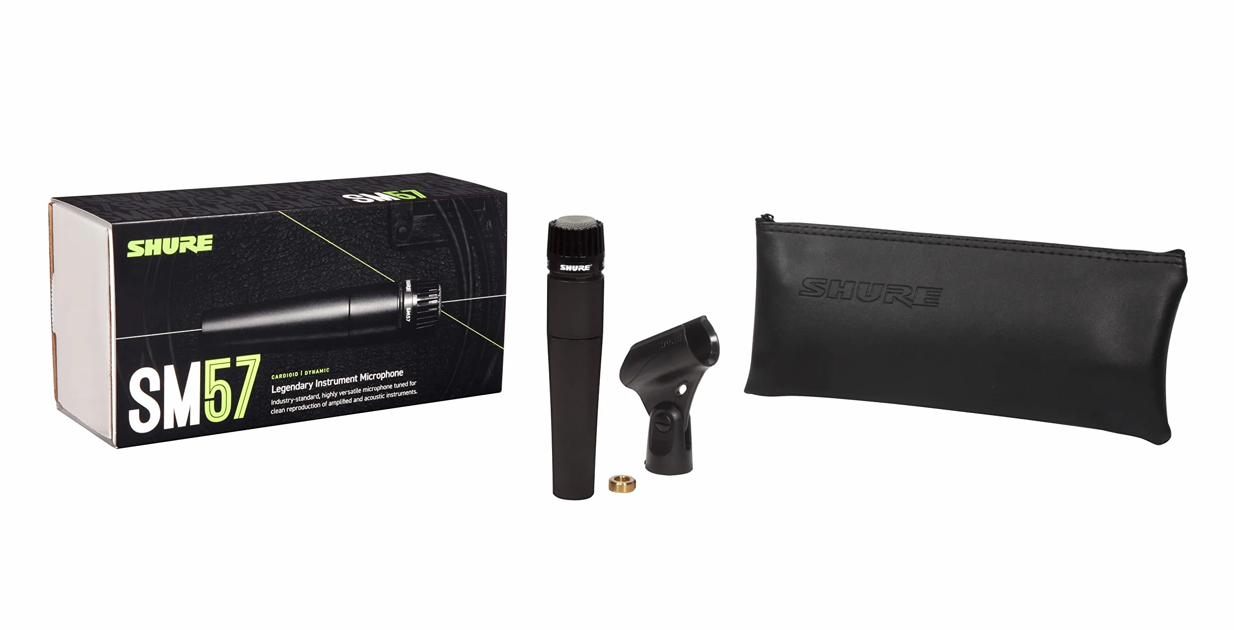 Shure SM57 Dynamiczny mikrofon instrumentalny z pneumatycznym mocowaniem wstrząsowym, klipsem A25D, torbą, złączem XLR
