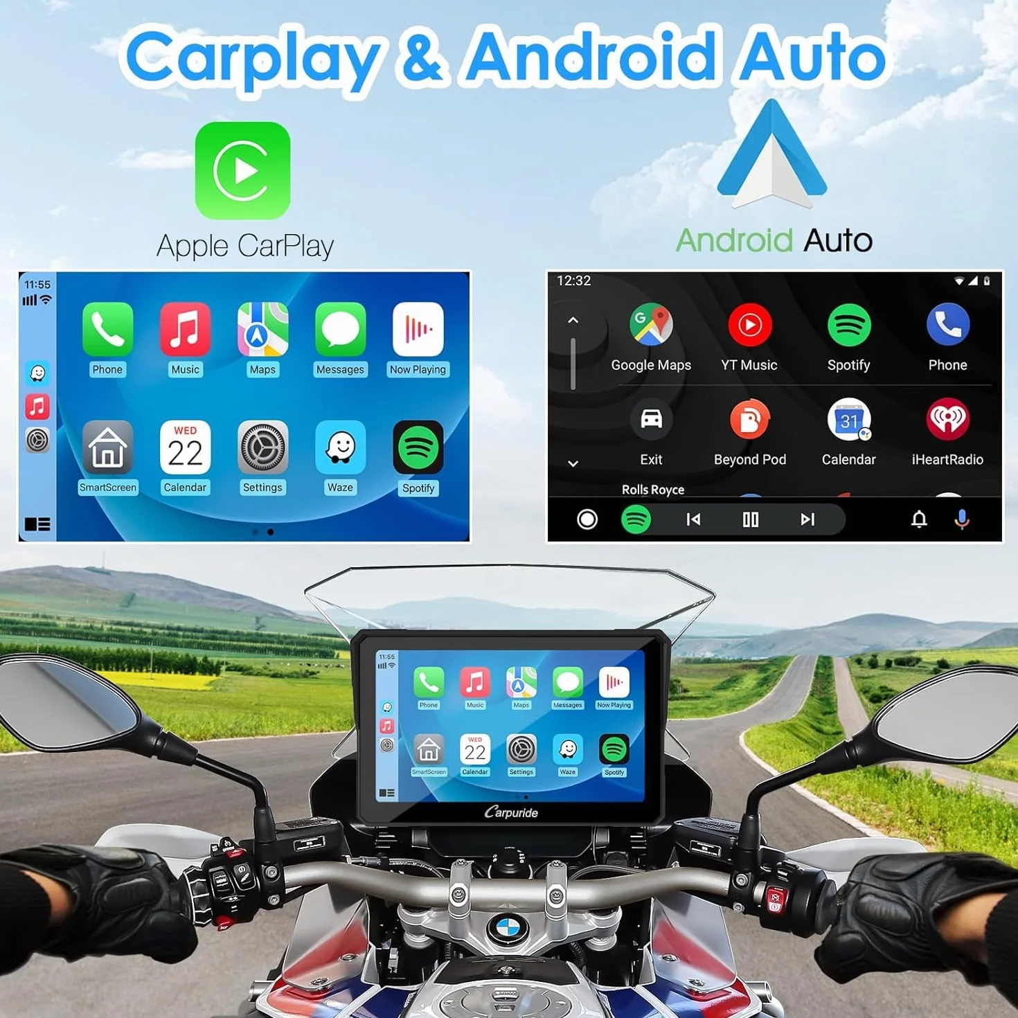 Carpuride W702B Motocyklowy ekran Carplay z niestandardowym mocowaniem do BMW Motorbike, Wireless CarPlay i Android Auto, przenośny 7-calowy wodoodporny ekran dotykowy, podwójny Bluetooth, nawigacja,