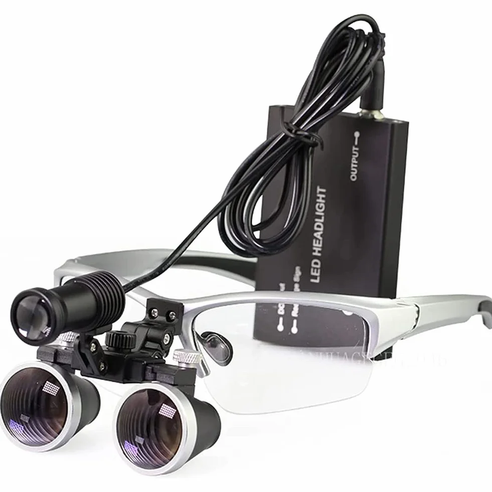 Chirurgiczne lornetki 2,5x/3,5x, luźnik pałąka na głowę 420 mm, powiększanie lupy dentystycznej, przenośne reflektor LED 5 W Wtyczka LED Light z filtrem z filtrem(Size:3.5X,Color:Silver)