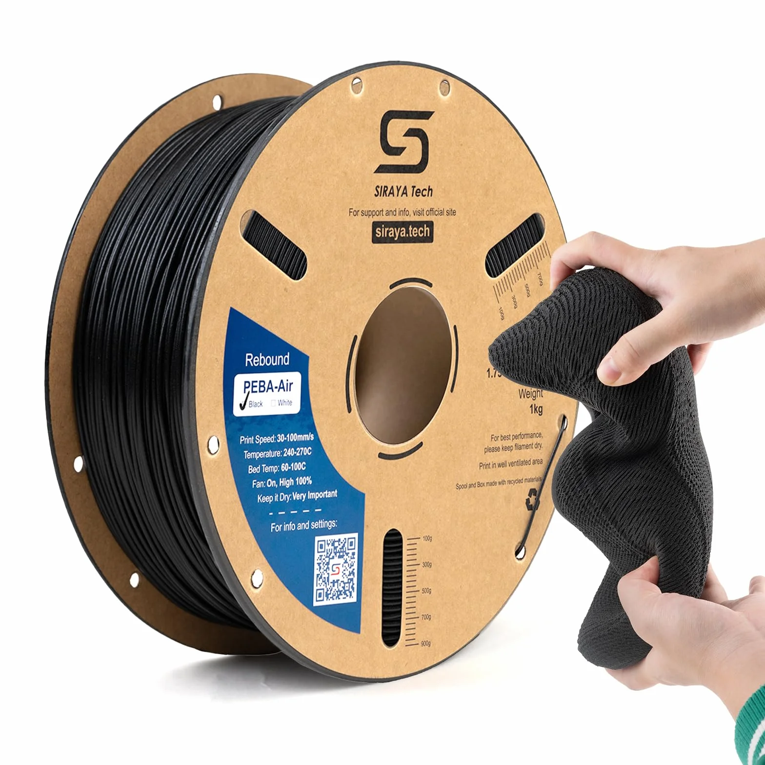 Siraya Tech Rebound PEBA Air - aktywny piankowy filament o wysokim odbiciu, regulowana twardość 70A-95A, ultralekki, do sprzętu sportowego o wysokiej wydajności, dronów i odpornych prototypów (czarny