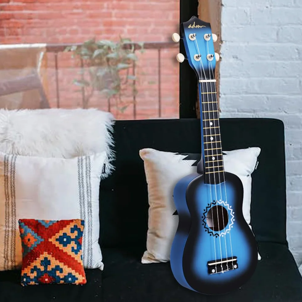 ADM Zestaw ukulele sopranowe dla dzieci i początkujących, zestaw startowy do ukulele z torbą, tuner z klipsem, tęczowe struny, kolorowy pasek, plektron, naklejki na podstrunnicę, karta akordów, AU01L