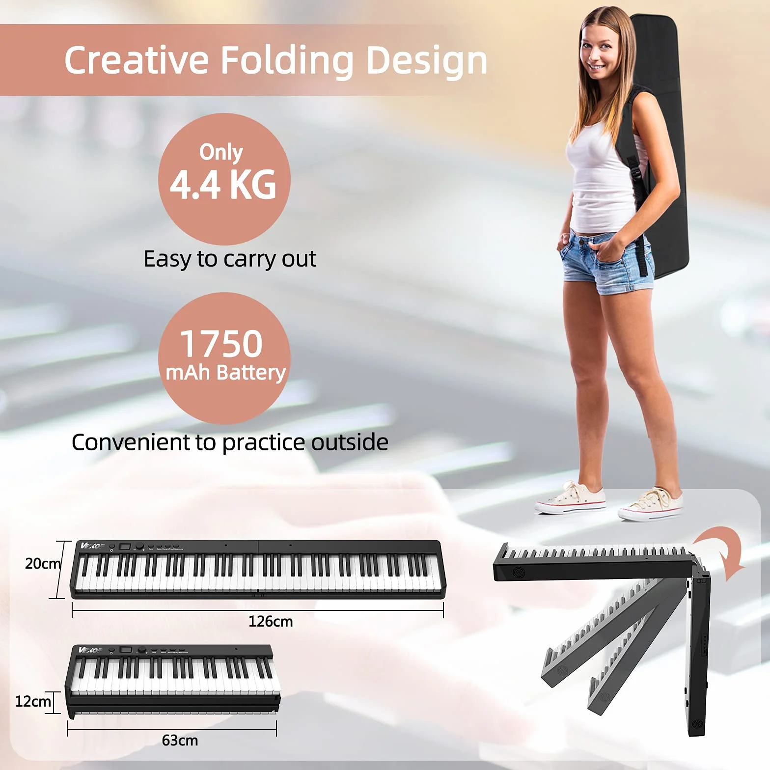 Veetop Składane pianino klawiatury, z 88 klawiszami, przenośne, pełnowymiarowe pianino elektroniczne z Bluetooth, MIDI, akumulator do wielokrotnego ładowania, składane pianino cyfrowe Geat dla początkujących, dzieci, dorosłych