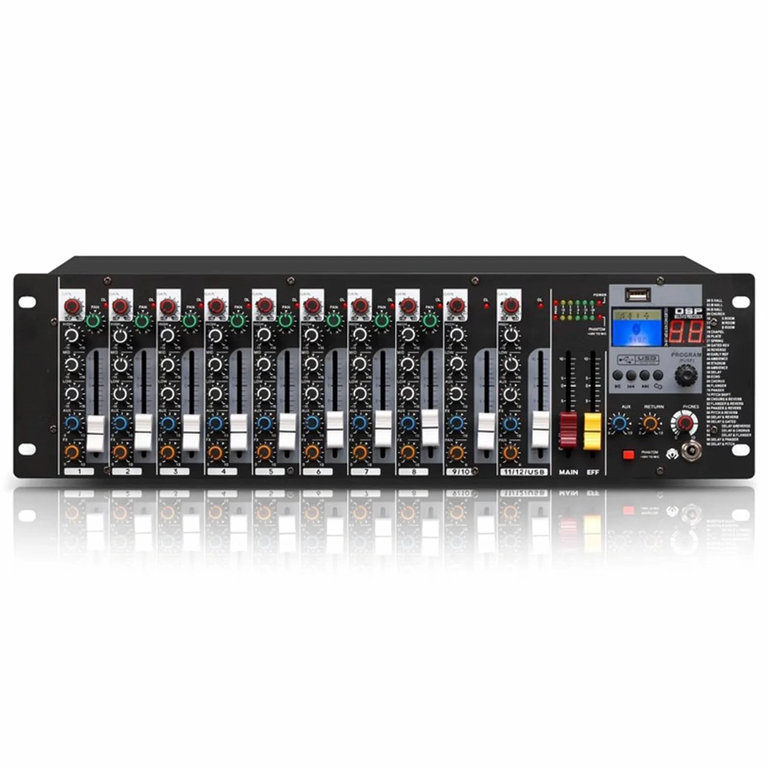 8-kanałowy mikser liniowy stereo – przedwzmacniacze mikrofonowe, mikser audio do montażu w szafie z 3-pasmowym korektorem na kanał, odtwarzanie USB/MP3, wejścia XLR do studia nagraniowego, koncertów