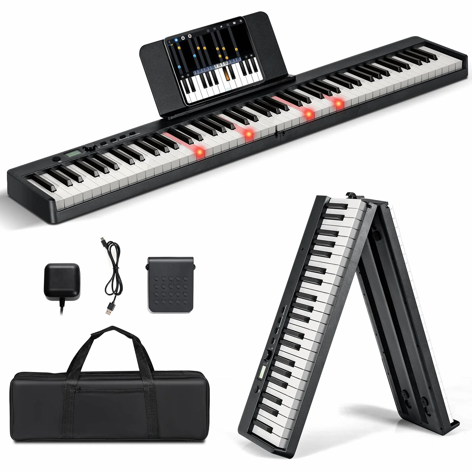 COSTWAY 88 klawiszy pianino elektryczne składane, cyfrowa klawiatura przenośna (128 rytmów, 128 tonów i 20 demo), zestaw pianina cyfrowego dla dzieci i dorosłych (czarny)