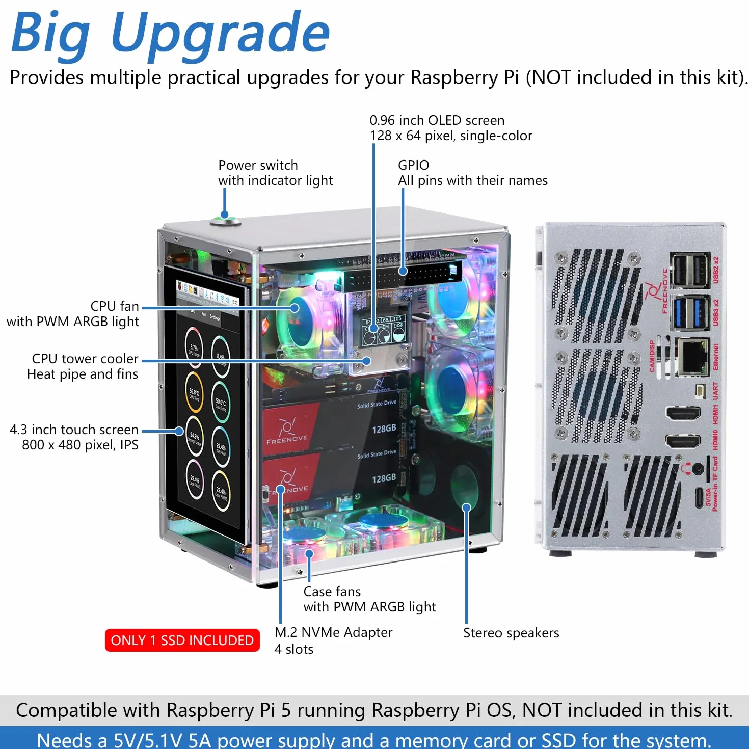 Freenove Raspberry Pi 5 NAS Case Kit (with 1x 128GB SSD), Quad M.2 NVMe SSD Slots, 5 PWM ARGB Fans Light Sync, CPU Tower Cooler, 4.3" Touchscreen, Stereo Speakers, 3.5 mm Audio
