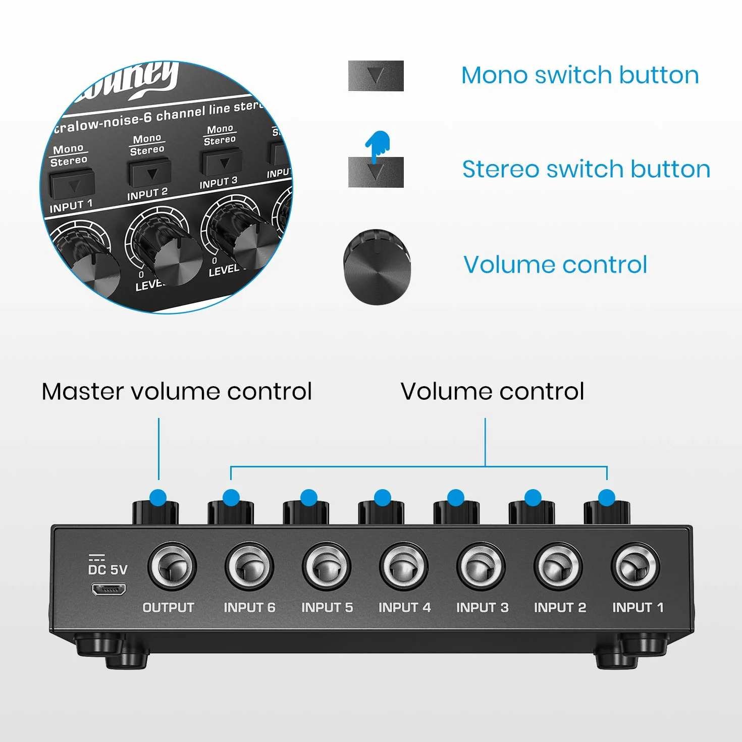 Moukey 6-kanałowy mikser liniowy o bardzo niskim poziomie hałasu do sub-miksowania, DC 5 V 6-stereo, mini mikser audio, idealny do małych klubów lub barów, gitar, basów, klawiatur lub miksera