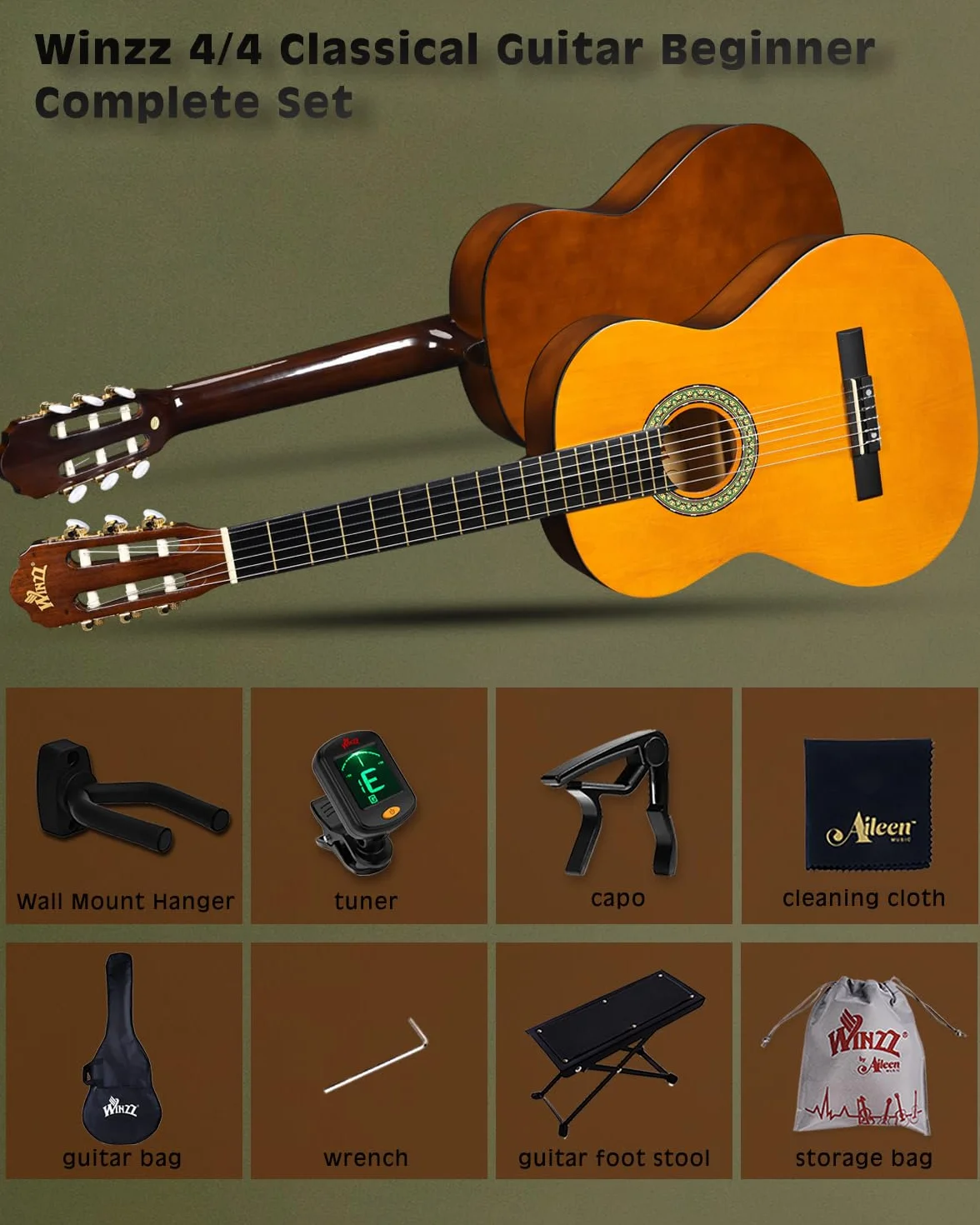 Winzz Gitara koncertowa 4/4 klasyczna żółta błyszcząca 39 cali