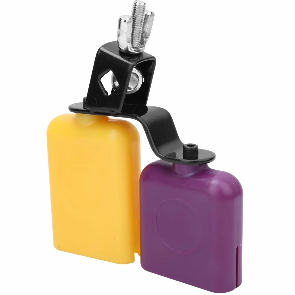 Cowbell, ABS Square Wooden Fish Cowbell Instrument perkusyjny dla bydła o wysokim i niskim tonie, żółty i fioletowy