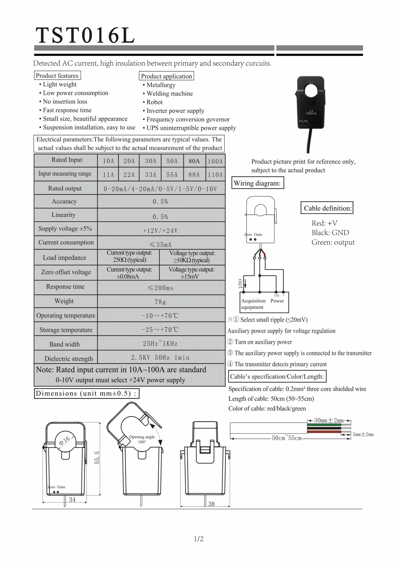 TST016L Wejście 10A 20A 30A 50A 80A 100A Wyjście 0-10 V Napięcie zasilania +12 V/+24 V dokładność 0,5% rozdzielony nadajnik prądu (20 A 0-10 V 24 V)