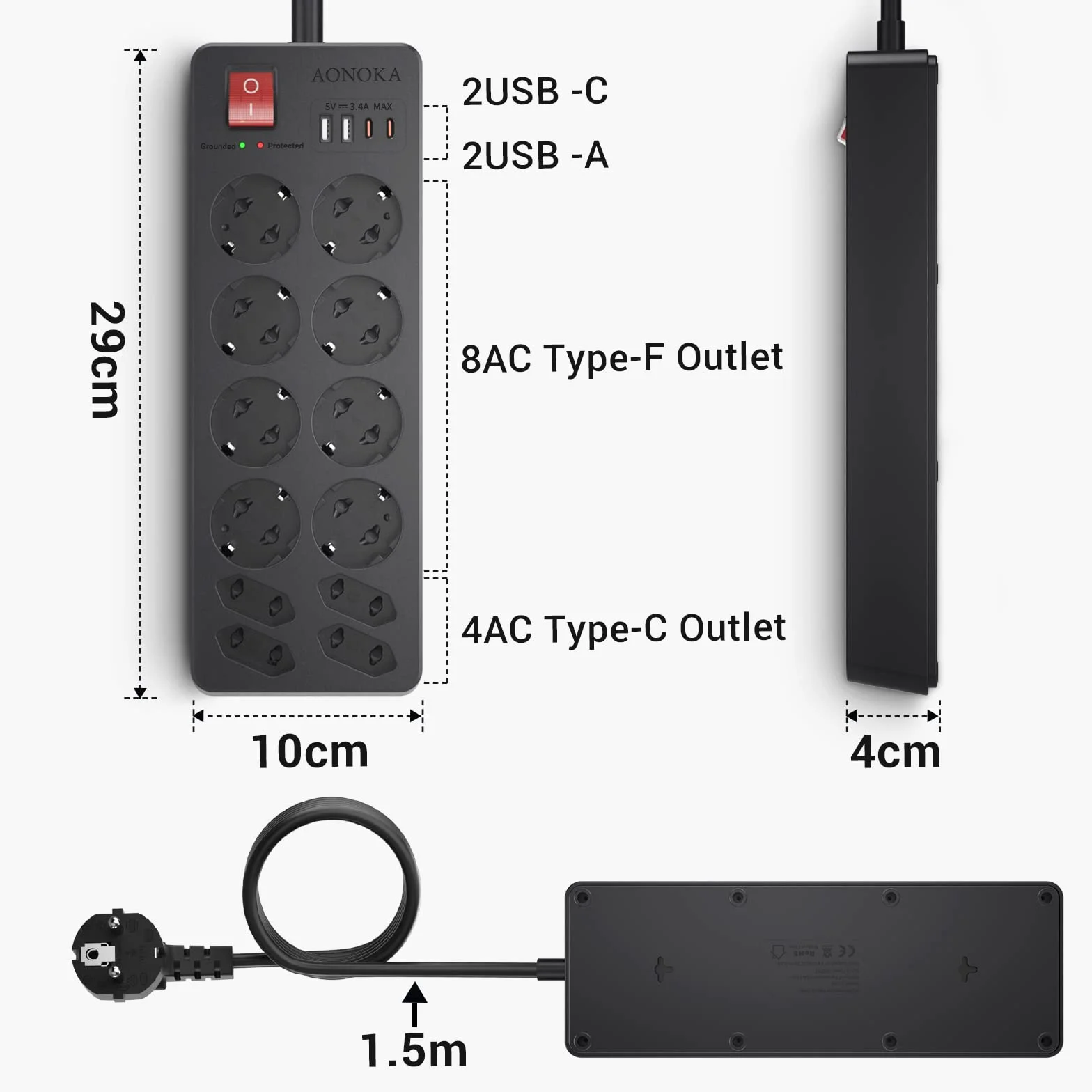 Listwa Zasilająca Przeciwprzepięciowa, Listwa z 12 Gniazdami i 2 USB-C 2 USB-A, Gniazdo Rozdzielacza z Przełącznikiem, Przedłużacz Wielowtykowy Montażu na ścianie Kabel 1.5m, Czarna