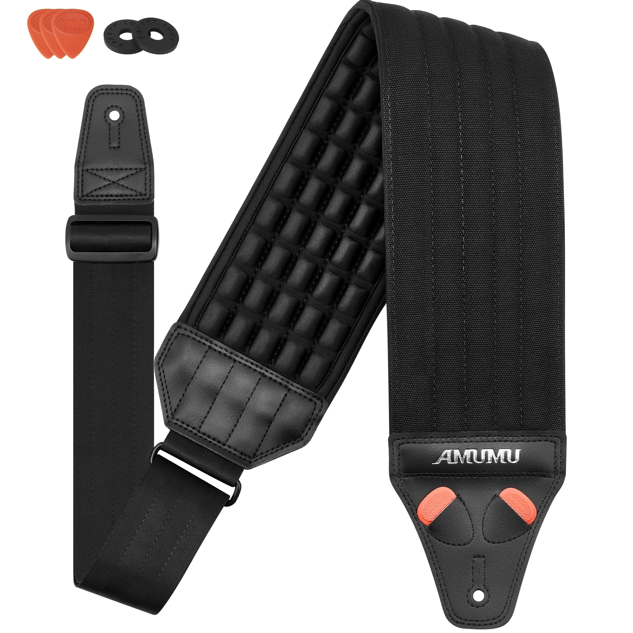 Amumu AIRAFT Bass & Guitar Strap 4'' Ultra Wide - 0,7'' Thick Breathable Convex 3D Air Cell Cushions - Neoprenowe wyściełanie - Black'