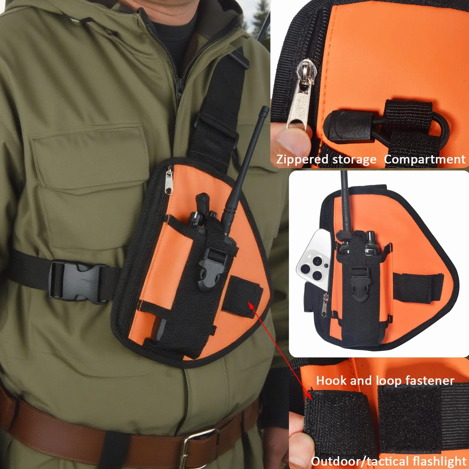 HYS Nylonowa uprząż na klatkę piersiową, regulowany pasek na ramię do wędrówek / użytku taktycznego, lekka torba crossbody z kieszeniami na zamek błyskawiczny, do dwukierunkowego radia Motorola