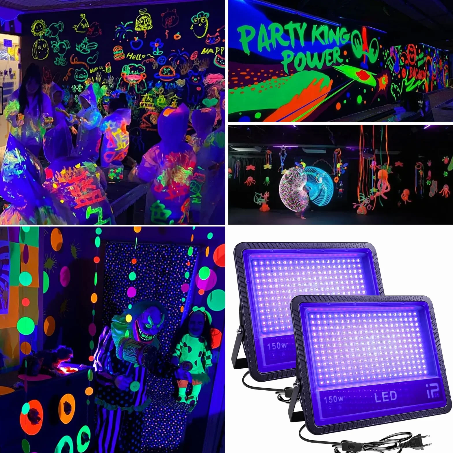 Reflektor LED z czarnym światłem, 1 sztuka 150 W UV czarne światło, IP66, reflektor UV, czarne światło na imprezę, Halloween, graffiti, dyskotekę, wydarzenia na świeżym powietrzu (285 x 240 x 50 mm)