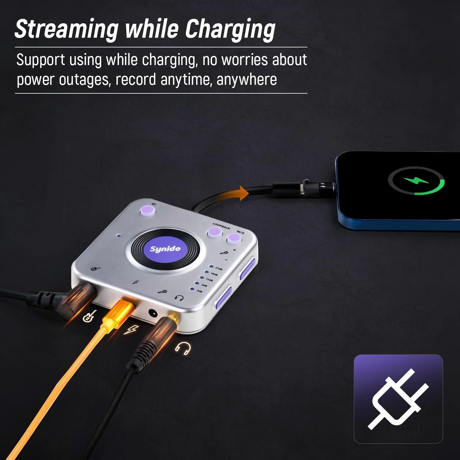 Synido Interfejs audio do nagrywania muzyki ze sterowaniem wzmocnieniem instrumentu, 24 bit/96 kHz, przenośny interfejs audio HiFi, w zestawie z USB-C, lekki adapter audio do