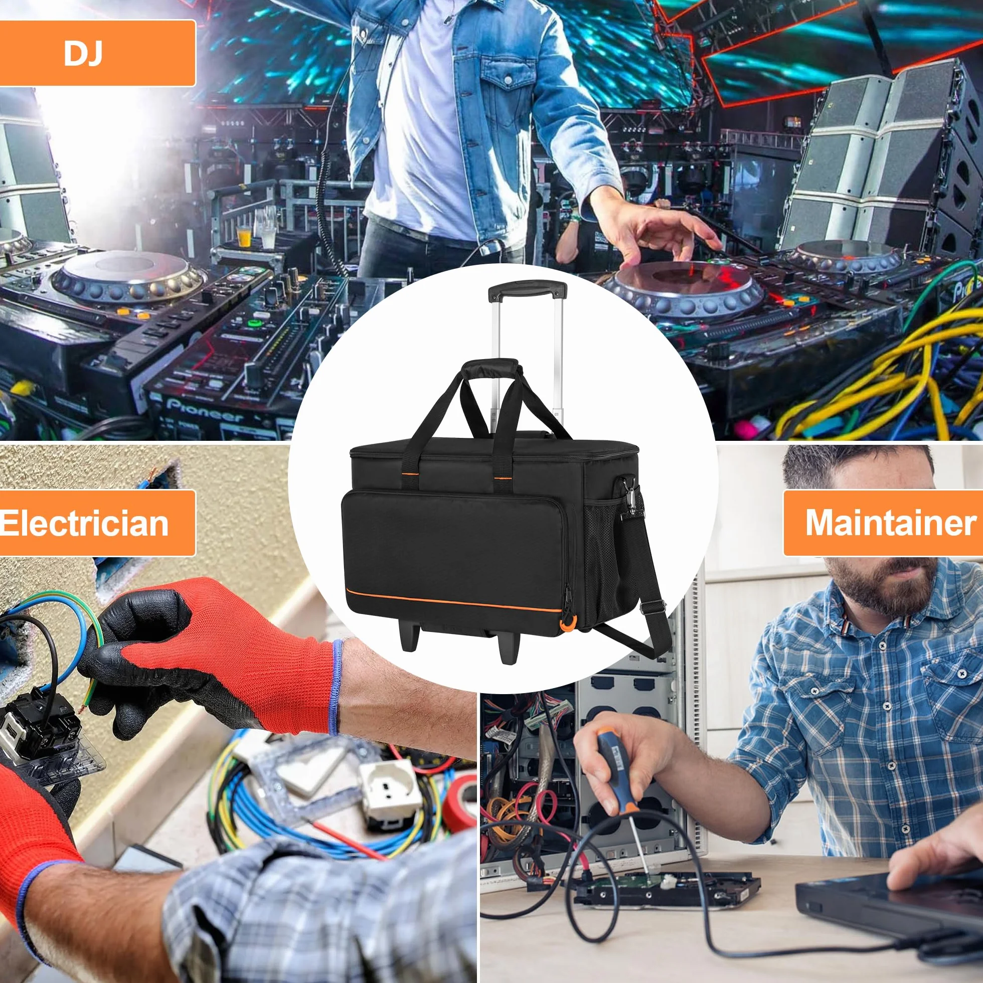 Trunab Torba na kółkach z twardym wyściełanym dnem, zdejmowanymi ściankami działowymi i torbą na kabel DJ, dla profesjonalnego sprzętu DJ, instrumentów muzycznych i akcesoriów, czarny