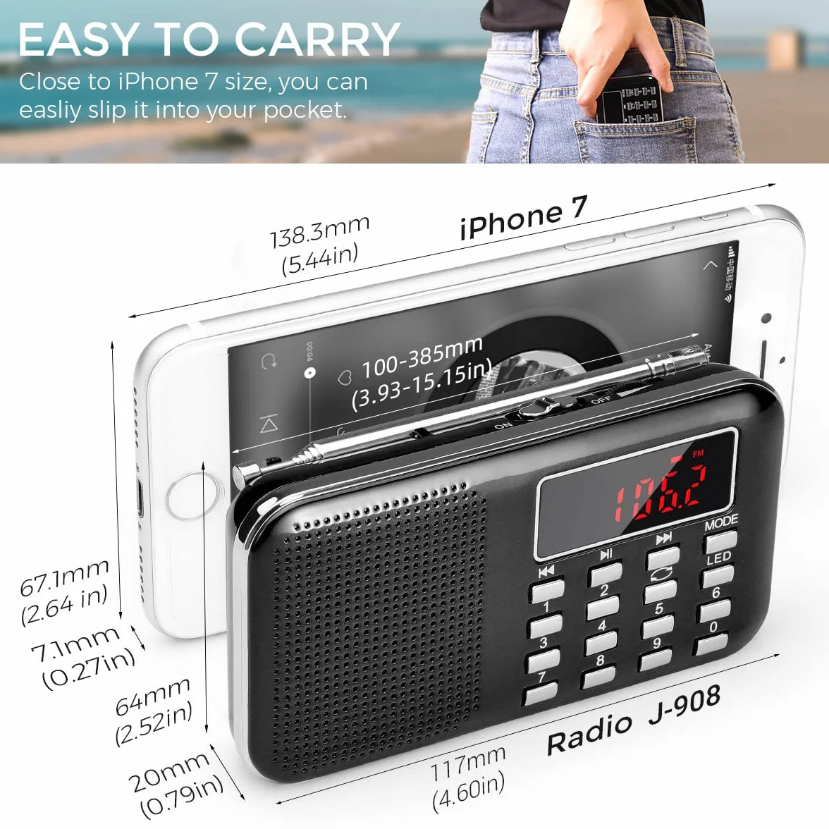 PRUNUS J-908 Przenośne radio z możliwością ładowania FM/AM(MW), przenośny cyfrowy radiolina, odtwarzacz muzyki MP3, obsługa USB/AUX/TF, dodana latarka awaryjna (czarna)