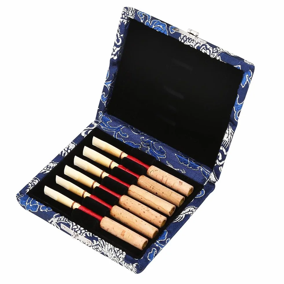 Oboe Reeds etui, drewniana + jedwabna tkanina pokrowiec na ustniki Oboe pojemnik do przechowywania instrument muzyczny pudełko części zamienne do 6 szt. stroików obboe (niebieski)