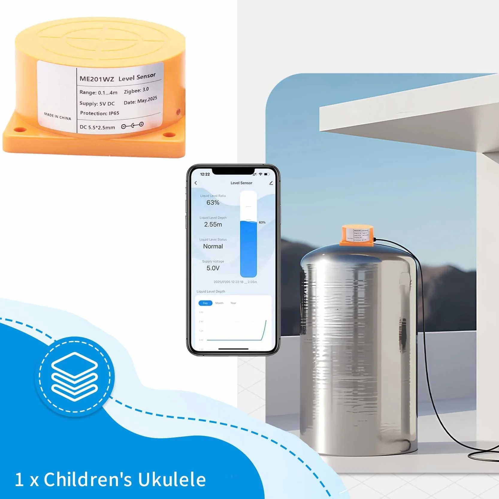 Tuya Smart Zigbee ultradźwiękowy czujnik poziomu zbiornika na wodę, powiadomienia w czasie rzeczywistym, sterowanie za pomocą aplikacji do iOS i Android, wtyczka UE