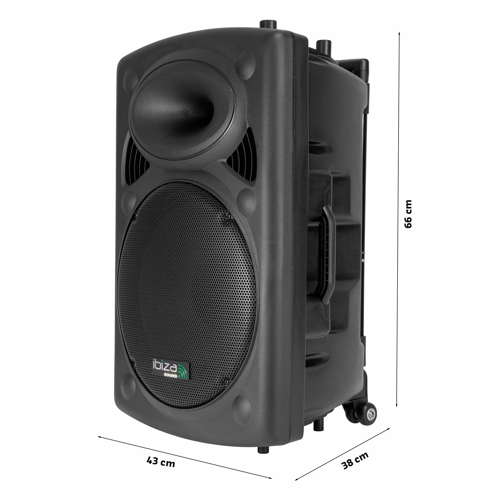Ibiza PORT15UHF-BT 15"/38 cm Przenośny Głośnik PA z Zasilaniem Bateryjnym i Bluetooth – Maks. 800 W / 400 W RMS – Karaoke z 2 Mikrofonami UHF w Zestawie – TWS – USB, SD, REC, VOX – Trolley