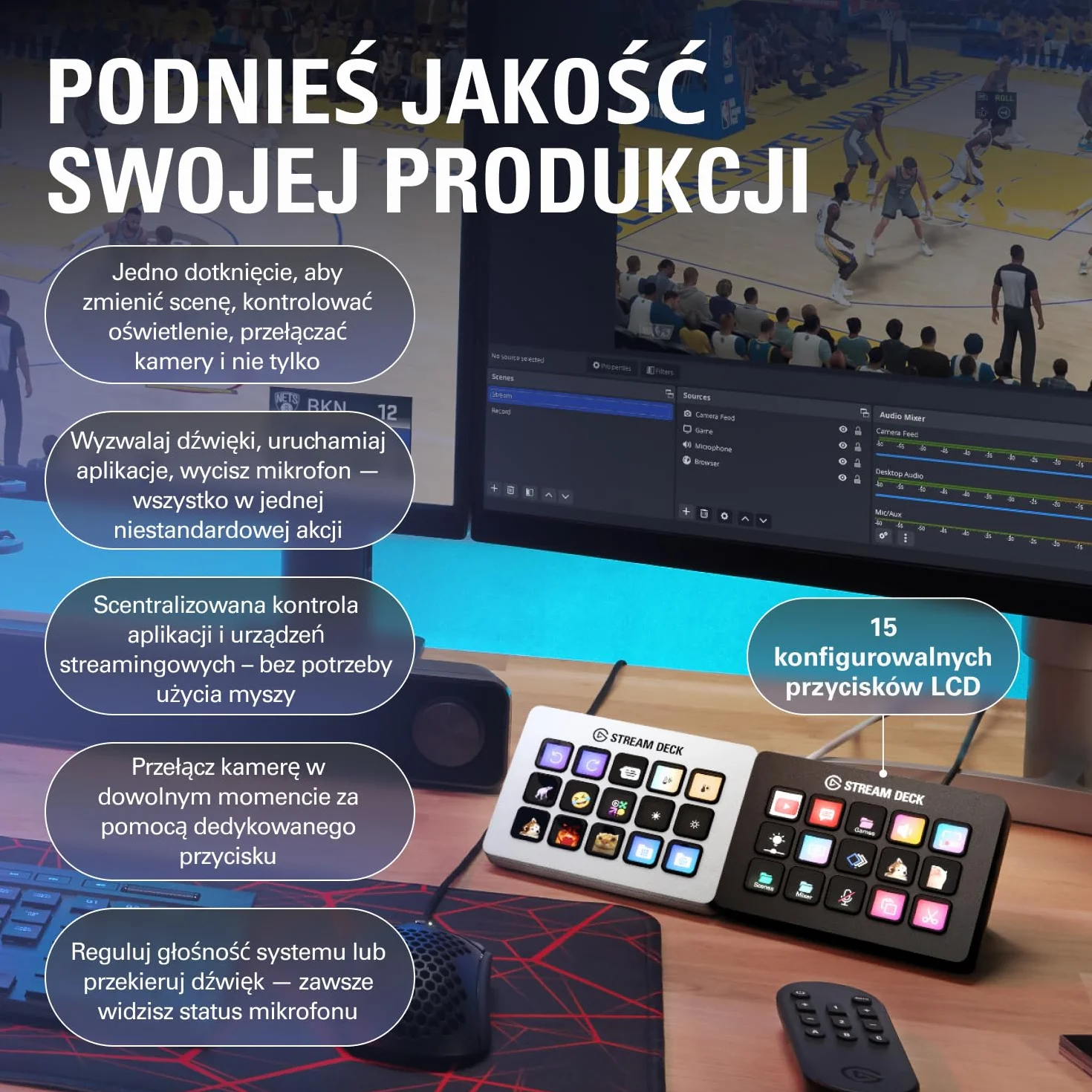Elgato Stream Deck MK.2 – kontroler do studia, 15 klawiszy makro, wyzwalanie działań w aplikacjach i oprogramowaniu,takim jak OBS, Twitch ​i YouTube, działa z komputerami Mac i PC
